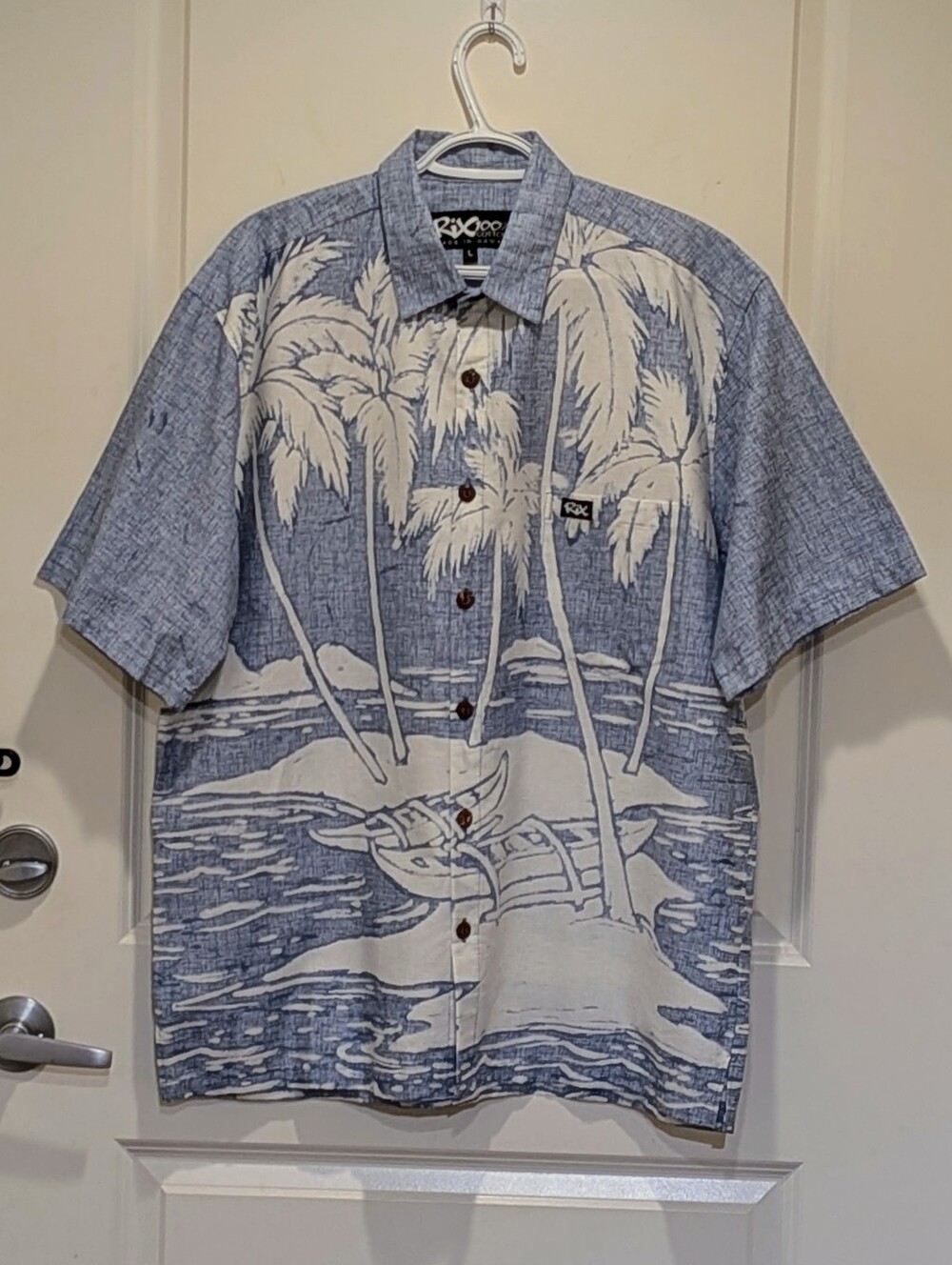 EUC Rix L 100% Cotton Palm and Canoe Print Authentic Hawaiian Shirt